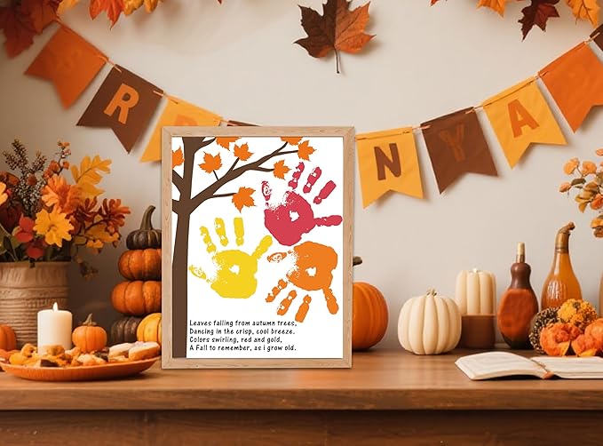 Fall Maple Leaves Handprint Art Craft Kit for Thanksgiving Activities, 10 Pcs Thanksgiving Crafts Bulk DIY Handprint Card Making, Handprint Keepsake Gift for Mother Father Grandma Grandpa