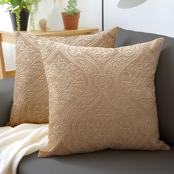 Encasa XO Luxury Embossed Velvet Throw Pillow Covers - Plush Cushion Covers for Elegant Living Rooms & Bedrooms, Machine Washable, 16"x16" Beige | Set of 2 | Covers Only No Insert