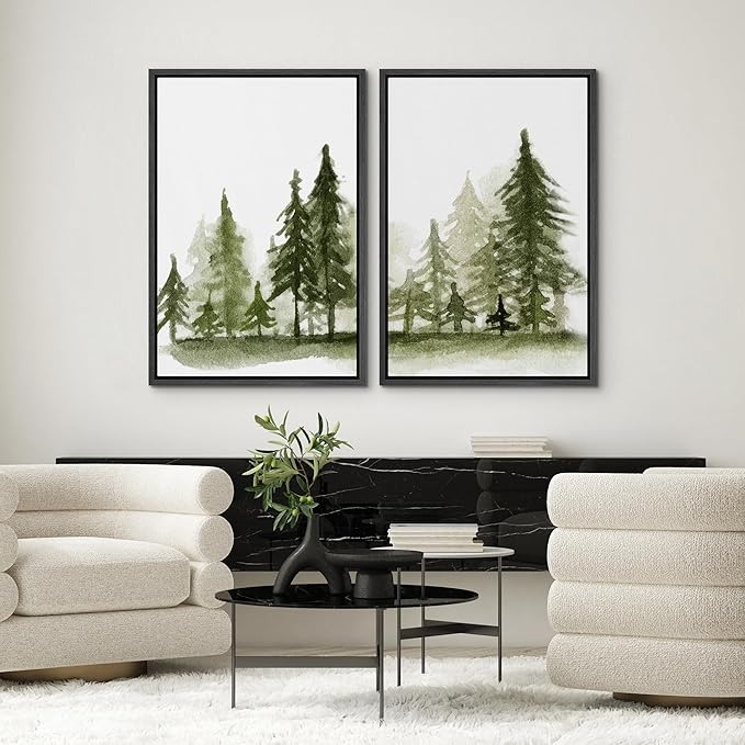 SIGNWIN Framed Wall Art Print Set Watercolor Dark Green Forest Pine Trees Nature Wilderness Illustrations Modern Art Rustic Relax/Calm Multicolor for Living Room, Bedroom, Office - 24"x36"x2 Black