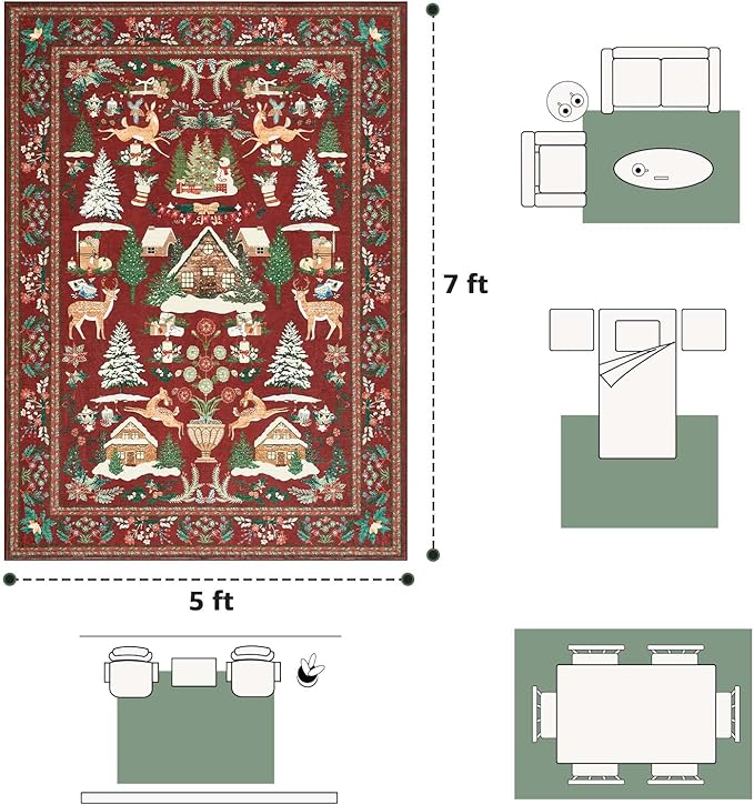 jinchan Christmas Rug 5x7 for Living Room Bedroom Maroon Holiday Decorative Rug for Dining Room Foyer Christmas Tree and Cabin Printed Xmas Decor Washable Non Slip Floor Carpet
