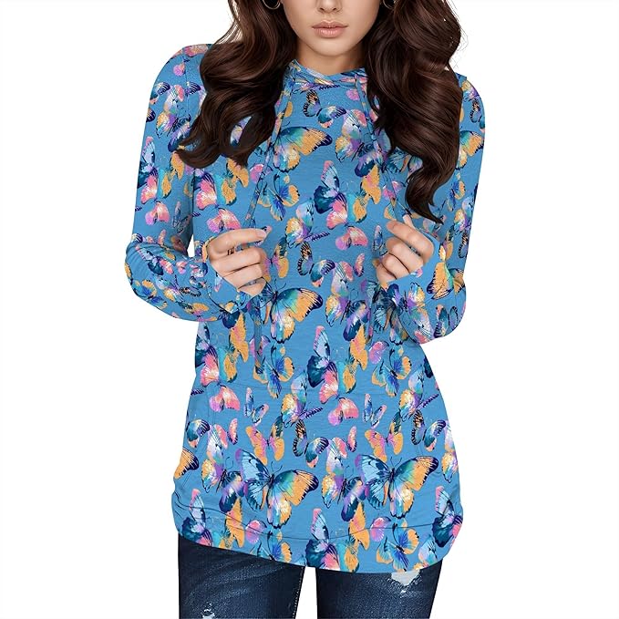 Hooded Sweatshirt Women Fall Butterfly Sweatshirts Lightweight Long Sleeve Pullover Tops Trendy Outfits Plus Size