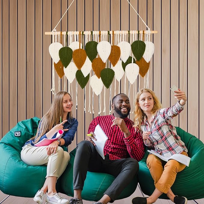Large Macrame Wall Hanging Feather Decor – Handmade Cotton Cord Boho Room Decor for Bedroom, Nursery, Office – 39” W x 29.5” L (Green, Brown, White)