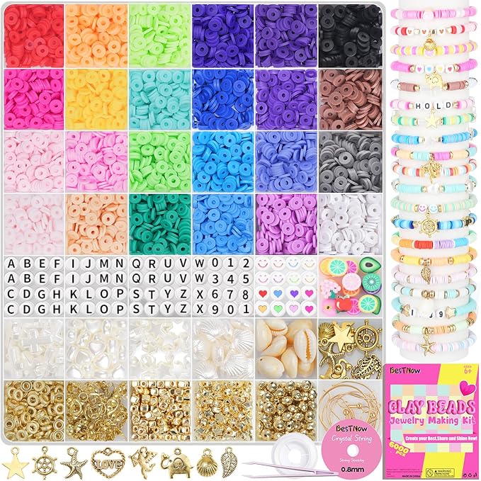 BestNow Clay Beads Bracelet Making Kit 6000 Pcs Flat Preppy Beads for Friendship Jewelry Making Polymer Heishi Beads with Charms Gifts for Teen Girls Crafts for Girls Ages 8-12
