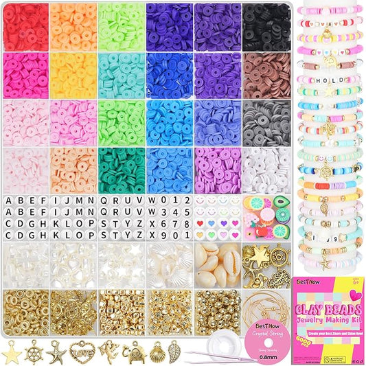 BestNow Clay Beads Bracelet Making Kit 6000 Pcs Flat Preppy Beads for Friendship Jewelry Making Polymer Heishi Beads with Charms Gifts for Teen Girls Crafts for Girls Ages 8-12