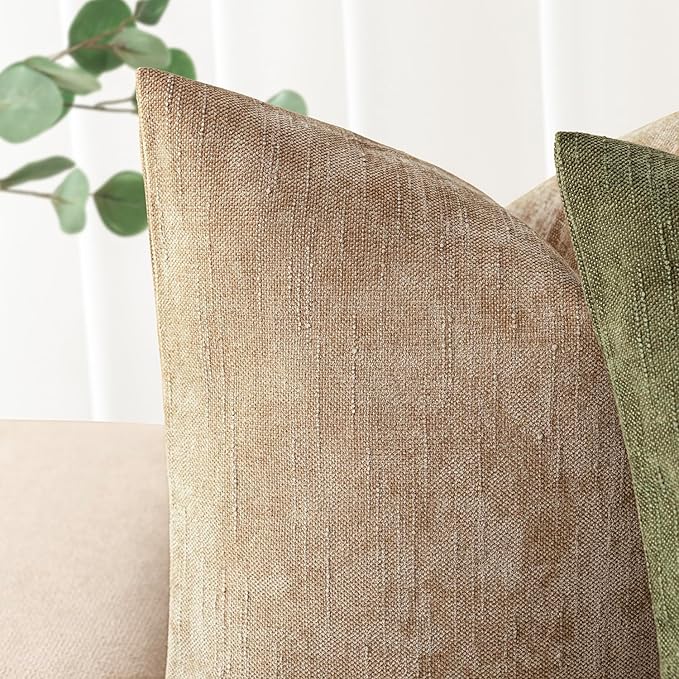 Foindtower Pack of 2 Textured Chenille Throw Decorative Pillow Covers Square Accent Solid Cushion Cover Neutral Farmhouse Pillow Case for Couch Sofa Bedroom Living Room 16x16 Inch,Taupe Khaki Camel
