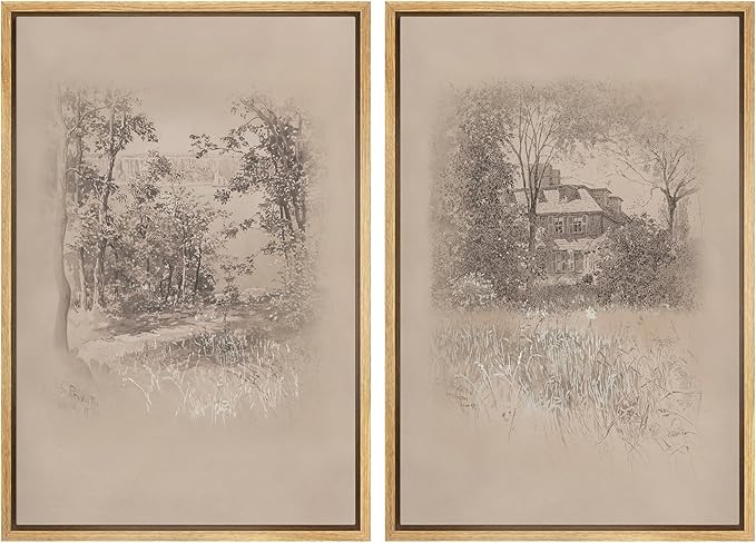 SIGNWIN Framed Canvas Print Wall Art Set Countryside Home and Trees Sepia Landscape Drawings Illustrations Modern Art Scenic Colorful for Living Room, Bedroom, Office - 16"x24"x2 Natural