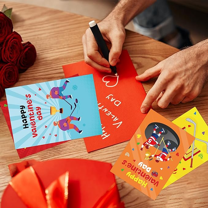 Valentine’s Day Cards for Kids Classroom, 36 Pcs Hockey Valentines Exchange School Set with Envelopes Heart Stickers, Sports Valentine Cards for Boys Girls Party Favors Gifts Exchange