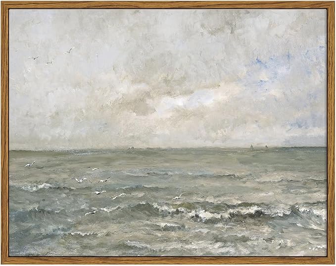VIYYIEA Ocean Landscape Framed Wall Art, Seascape Vintage Paintings Art Decor Aesthetic, Canvas Print Artwork, Calming Sea Wall Pictures for Bedroom Bathroom Office, 11x14 Inch