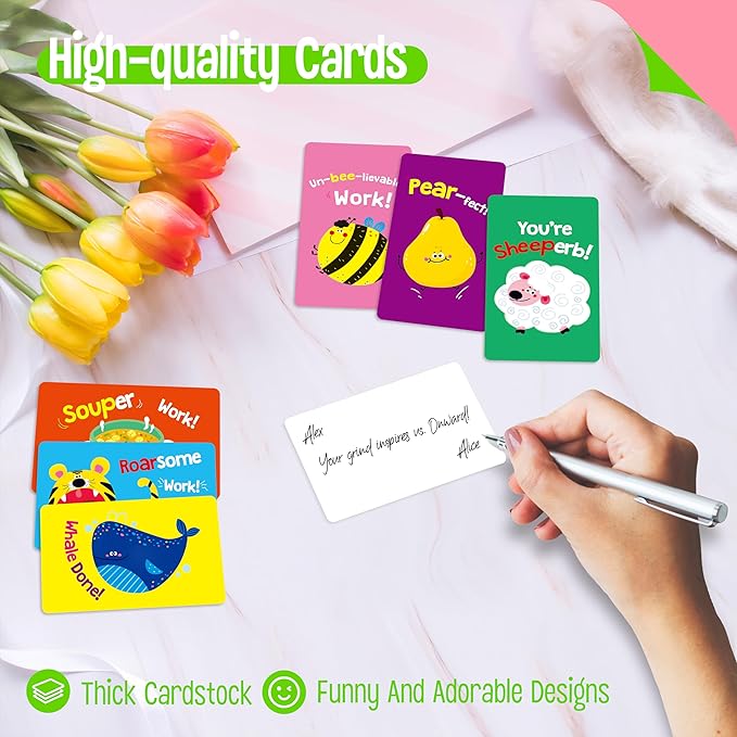 120 Motivational Cards, 60 Designs Pun Incentive Flashcards Encouragement Note Cards-Blank Side, Small Mini Funny Inspirational Affirmation Greeting Card for Kids, Students, Teachers, Parents