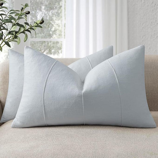 12x20 Pillow Covers Set of 2 Decorative Linen Lumbar Pillow Covers Solid handcrafted Striped Cushion Covers for Bed Soft Modern Farmhouse Neutral Pillowcase for Couch Bedroom Living Room (Sky Blue)