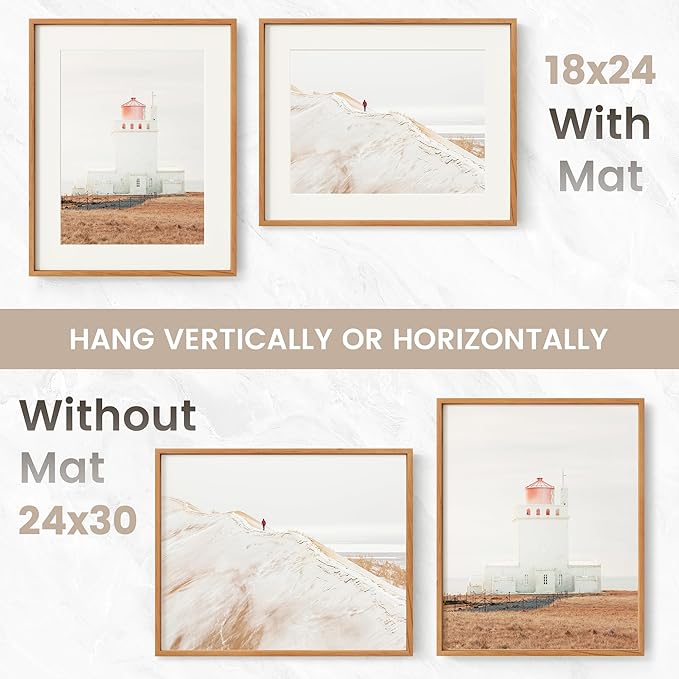 24x30 Poster Frame, USA-Sourced Natural Cherry Wood Picture Collage Frame with HD Tempered Glass, Modern Simple 24 x 30 Wooden Photo Frame Matted to 18x24, Vertical & Horizontal Wall Hanging Display