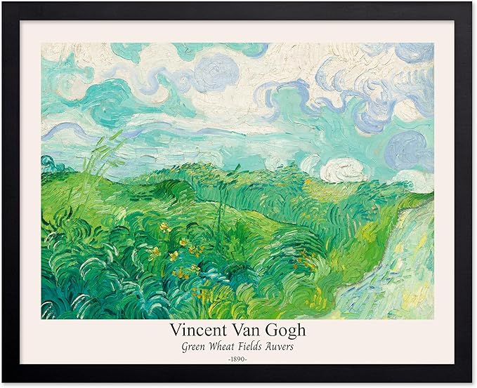 Monem Art Vintage Van Gogh Poster - Retro Green Wheat Fields Auvers Print - Impressionism Art - Fine Art - Landscape Art - Classic Painting Art - Great Living Room Decor - 16x20 Black Framed