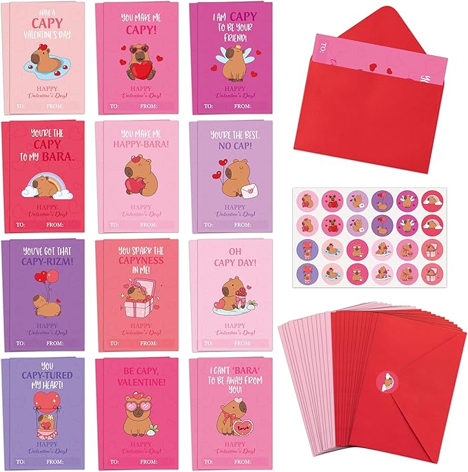 TICIAGA 72pcs Valentine's Day Capybara Greeting Card with Envelop and Stickers for Kids, Fun Animal Notecard Gift Cards for Boys and Girls School Classroom Exchange, Valentines Capybara Party Favors