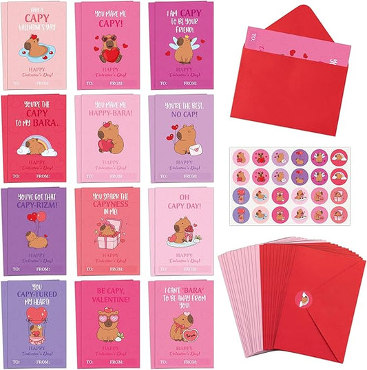 TICIAGA 72pcs Valentine's Day Capybara Greeting Card with Envelop and Stickers for Kids, Fun Animal Notecard Gift Cards for Boys and Girls School Classroom Exchange, Valentines Capybara Party Favors