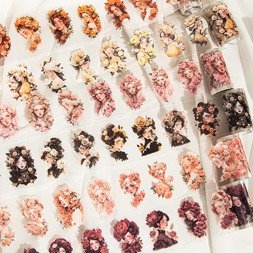 6 Pcs Flower Girl Scrapbook Tapes, Pre-Cut PET Tapes Aesthetic Stickers for Journaling, Scrapbook Supplies, and Ephemera, with Decorative Clip