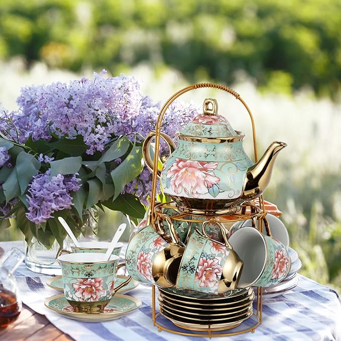 Zhehao 20 Pcs Porcelain Tea Set with Metal Holder and Spoon Adult Ceramic Tea Set European Flower Painting Teapot Cup Saucer Spoon for Women, Large Version(Fresh Style)