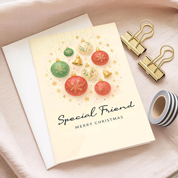 (5.3x8in) Special Friend Merry Christmas Card, Elegant Holiday Greeting with Red and Green Baubles, Gold Bells Stars, Festive Friendship Card for Best Friend, Female or Coworker (Xmas 47)