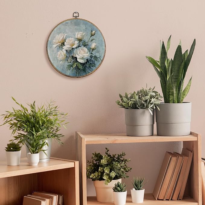FUGWN Vintage Rose Floral Round Wall Art Decor Framed, Cottagecore White Floral Canvas Artwork Prints, Rustic Farmhouse Flower Wall Hanging Decorations for Home Bedroom Living Room, 10x10 Inch