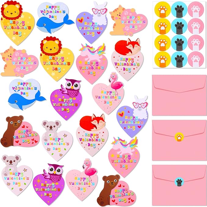 Yexiya 200 Pcs Mini Valentine's Day Cards Assortment Bulk Classroom Exchange for Kids Greeting Animal Box Foldable Love Heart Greeting Cards with Envelopes and Stickers