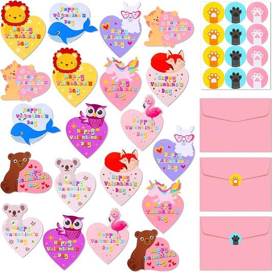 Yexiya 200 Pcs Mini Valentine's Day Cards Assortment Bulk Classroom Exchange for Kids Greeting Animal Box Foldable Love Heart Greeting Cards with Envelopes and Stickers