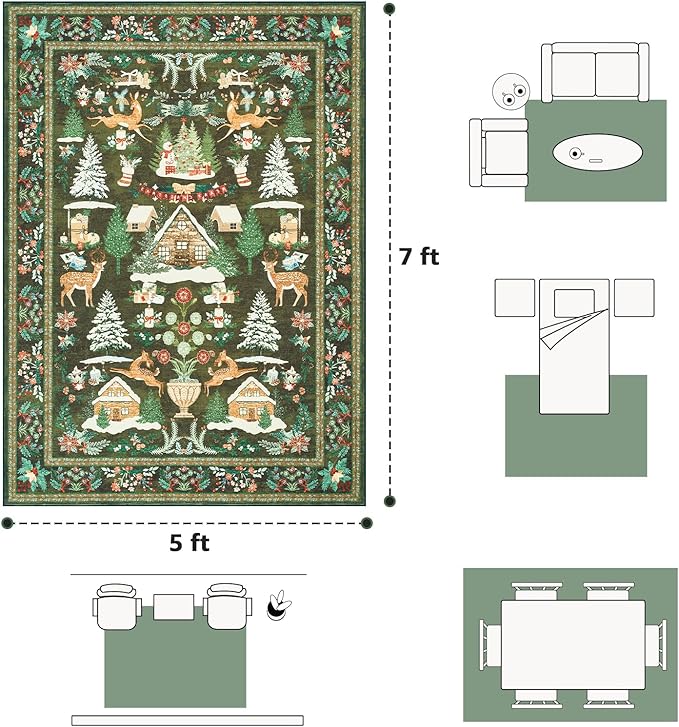 jinchan Christmas Rug 5x7 for Living Room Bedroom Green Holiday Decorative Rug for Dining Room Foyer Christmas Tree and Cabin Printed Xmas Decor Washable Non Slip Floor Carpet