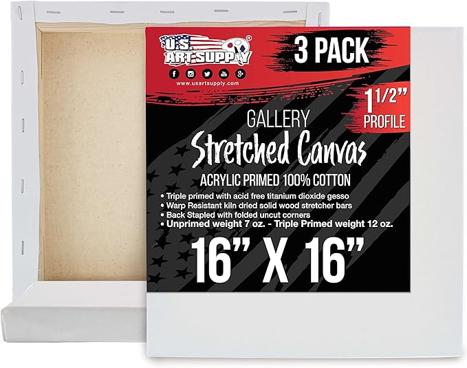 U.S. Art Supply Large Stretched Canvas for Painting 16x16 inch Gallery Depth 1-1/2" Thick, 3-Pack - 12oz Acrylic Gesso Triple Primed, Professional Artist Quality, 100% Cotton - Oil, Pouring Paint