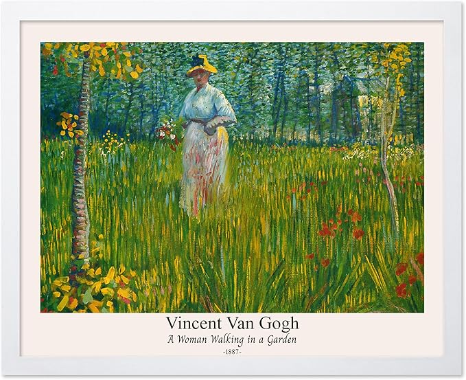 Monem Art Vintage Van Gogh Poster - Retro A Woman Walking In A Garden Print - Impressionism Art - Fine Art - Classic Painting Art - Floral Art - Bedroom or Office Decor - 11x14 White Framed