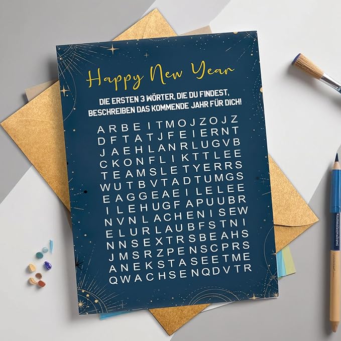(5.3x8in) Happy New Year Word Search Card in German, Interactive Puzzle Greeting for Friends, Family, Coworkers, Fun Game Style Holiday Card, Unique New Year Activity Gift with Envelope (Xmas 40)
