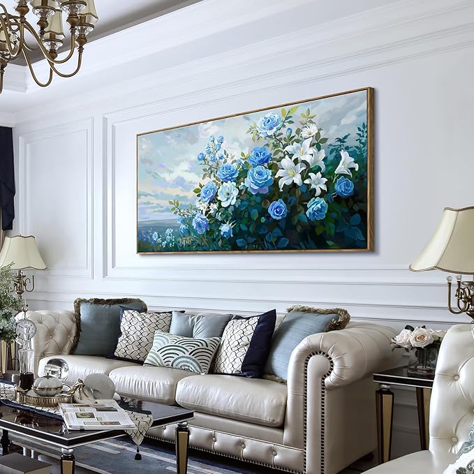 Framed Extra Large Botanical Wall Art – Blue and White Flower Canvas Painting for Living Room Bedroom – Rustic Wood Frame Floral Décor 58x29 Inch