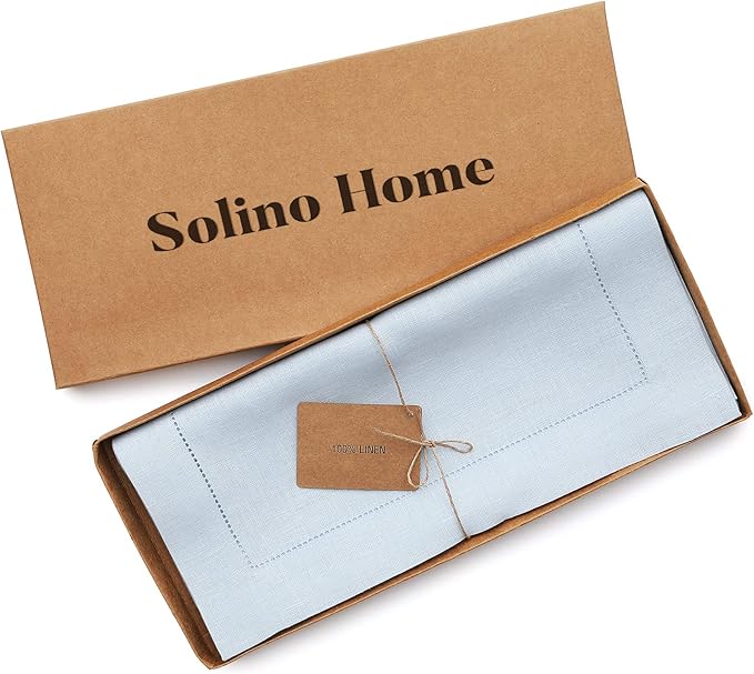 Solino Home Linen Light Blue Table Runner 90 Inches Long - 100% Pure Linen Hemstitch 14 x 90 Inch Table Runner for Dining, Winter, Spring, Easter - Classic Hemstitch