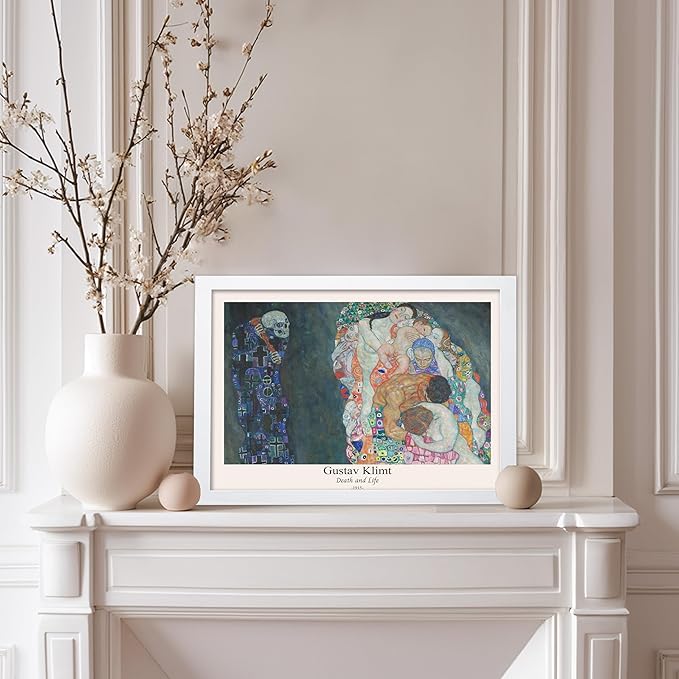 Poster Master Vintage Gustav Klimt Poster - Retro Death and Life Print - Art Nouveau - Symbolism Art - Abstract Art - Aesthetic Art - Classic Painting - Living Room Decor - 8x10 White Framed