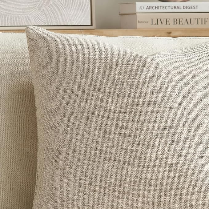 Meekio Set of 2 Linen Look Linen Beige Pillow Covers 16x16, Decorative Throw Pillow Covers for Couch, Sofa, Bed & Living Room Decor