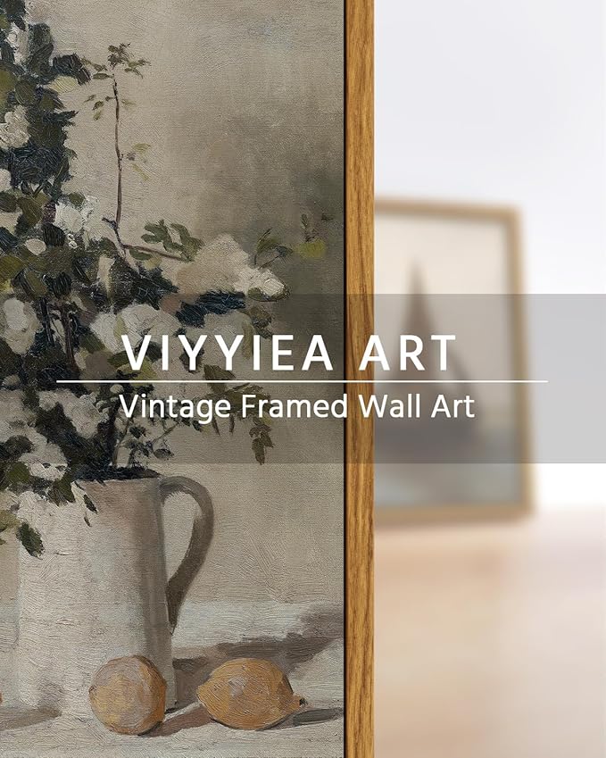 VIYYIEA Vintage Wall Art Kitchen Decor, Flowers and Lemons Pictures Painting Botanical Pictures, Framed Canvas Prints, Retro Farmhouse Decor for Dining Room Bathroom, 8"x10"
