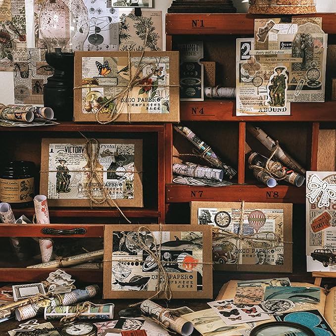Knaid 200 Pieces Vintage Ephemera Pack Decoupage Paper Junk Journal Kit Scrapbook Planner Sticker Supplies for Art Journaling Bullet Journals Collage Craft Notebooks Album Crafter Gifts (Exploration)