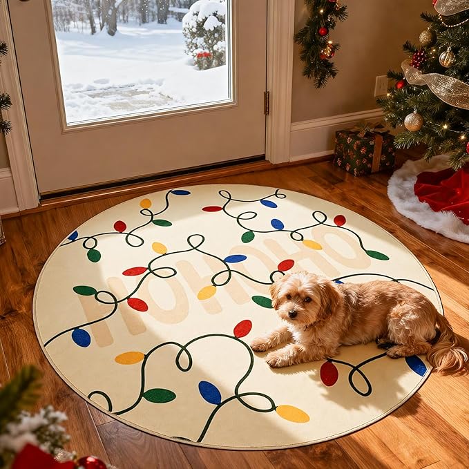 jinchan Jingle Lights Round Christmas Rug for Entryway Bedroom 4ft Beige Circle Holiday Rug for Living Room Colored String Lights Printed 4' Xmas Decor Washable Indoor Carpet for Foyer Non-Slip