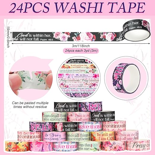 Janlaugh 24 Rolls Christian Washi Tape Gifts Bulk Religious Inspirational Scripture Supplies Bible Verse Tape for Bible Study Journaling Crafting Christmas Stocking Stuffers Gift(Classic)