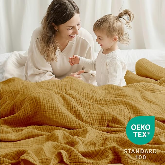 100% Cotton Muslin Blanket King 108" x 90", 6 Layers Breathable and Lightweight Cotton Throw Blankets for Bed, Soft Cooling Summer Gauze Blanket for Adults All Season, Mustard