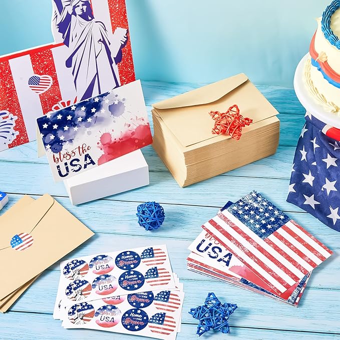 Seajan 200 Sets Patriotic Greeting Cards with Envelopes Stickers 4 x 6 Inch American Flag Blank Cards USA Thank You Note Postcards Bulk for Veteran's Day 4th of July Memorial Day