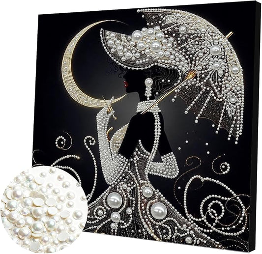 DIY Pearl Painting Kit with Wooden Frame, 3D Plastic Pearl Gemstone Ocean Art Craft for Adults Beginners, Diamond Art Kits for Adults, Home Wall Decor Ready Gift for Women(Moon Umbrella Woman)(30*30cm