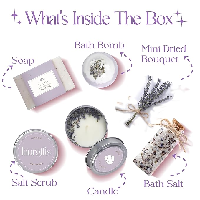 Lavender Spa Gift Box for Women – Relaxing Self Care Set, Birthday & Christmas Gifts for Women, Thank You, Housewarming, Bridal Shower & Get Well Soon Gift Basket for Her