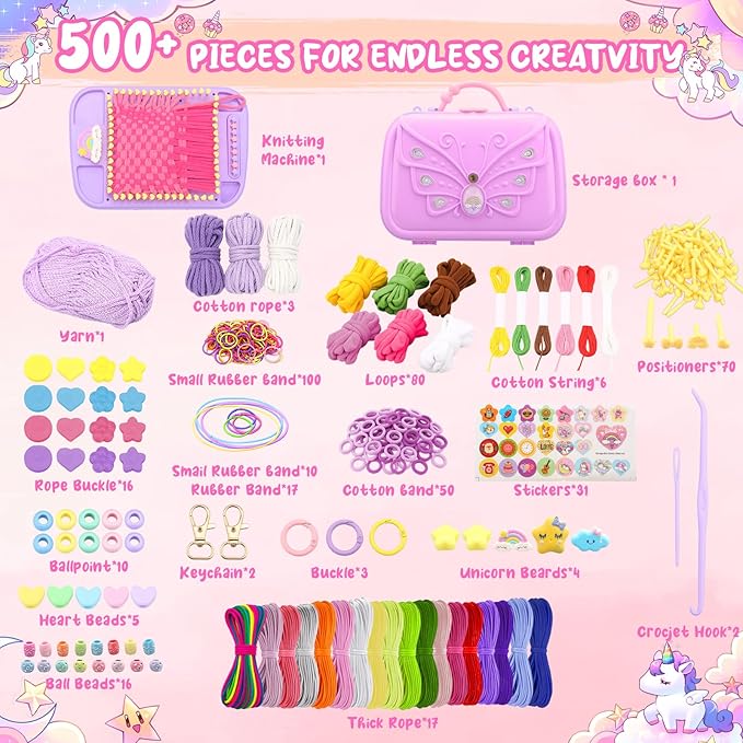Friendship Bracelet Making Kit & DIY Weaving Loom, 500+ Colorful Ropes, Bands & Beads, Creative Arts and Crafts Gift for Girls Ages 6–12, Ideal Christmas Gifts for Girls Ages 5 6 7 8-12 Pink