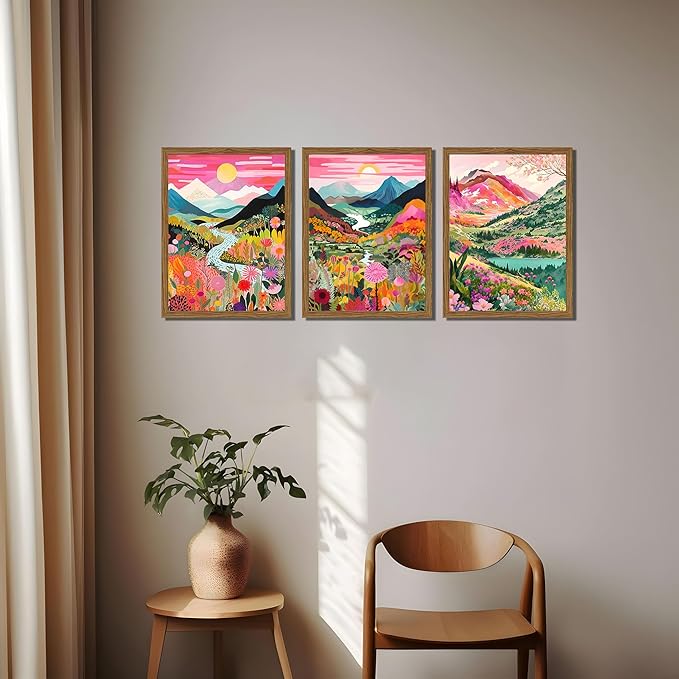 Boho Colorful Mountain Wall Art Set of 3, Abstract Watercolor Landscape Flower Wall Decor Paintings, Modern Nature Sunset Forest Posters Prints for Living Room, Bedroom 16x24 Inch Wood Framed