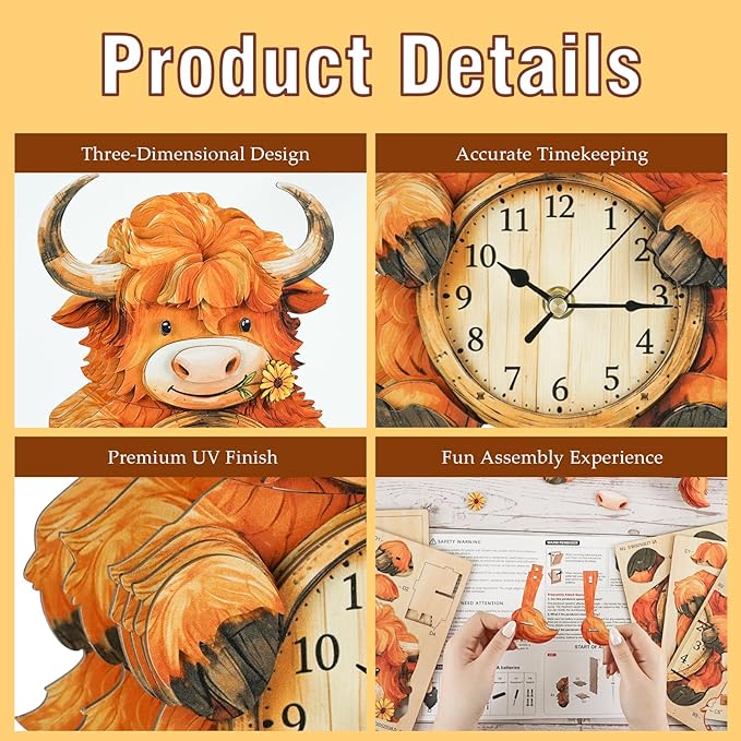 3D Puzzles for Adults Clock-Plateau Cattle Design Model Kit-Mechanical DIY Pendulum Clock with Arabian Numerals-Desk Home Office Decor Personalized Gift for DIY Lovers