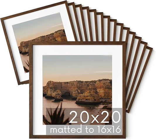 HAUS AND HUES Walnut Oak Wood 20x20 Picture Frames - Set of 15, Square Frames with Mat, Elegant Frames for Posters and Artwork (20x20 in, Walnut, Set of 15)