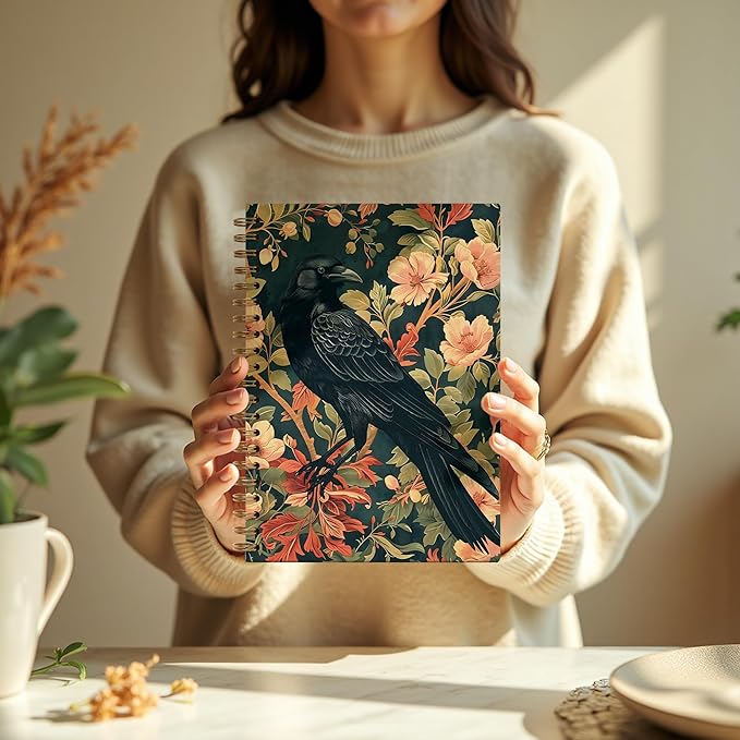 Gothic Dark Crow Notebook, Cottagecore Floral Raven Nature Journal, Raven Gifts for Women, Gothic Dark Academia Witchy Crow Spiral Notebook Journal, Gothic Office Supplies, 5.5x8.3 Inch
