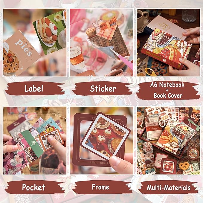Draupnir Vintage Aesthetic Scrapbook Kit, Bullet Junk Journal Kit with Journaling/Scrapbooking Supplies, Stationery, A6 Grid Notebook Graph Ruled Pages, DIY Gift for Teen Girl Kid Women