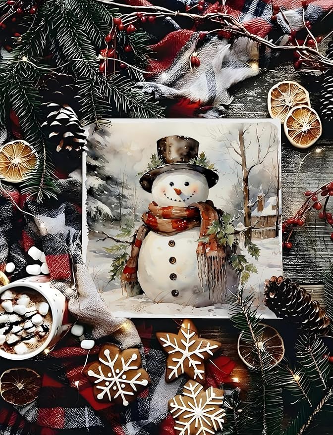 Vintage Snowman Winter Christmas Wooden Box Sign, Snowman Christmas Decorations, Rustic Xmas Winter Snowy Tree Cottage Wood Signs for Home Office Desk Shelf Tabletop Decor, 5x5 Inch Decorative Signage