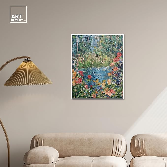 Art Remedy Serene Escape Framed Impressionism 1 Piece Canvas Wall Art/Monet And Van Gogh Inspired Art, 25" x 31", White Frame