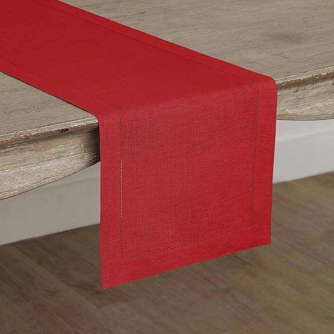 Solino Home Linen Red Table Runner 144 Inches Long - 100% Pure Linen Extra Long Table Runner 14 x 144 Inch for Valentines, Winter - Classic Hemstitch