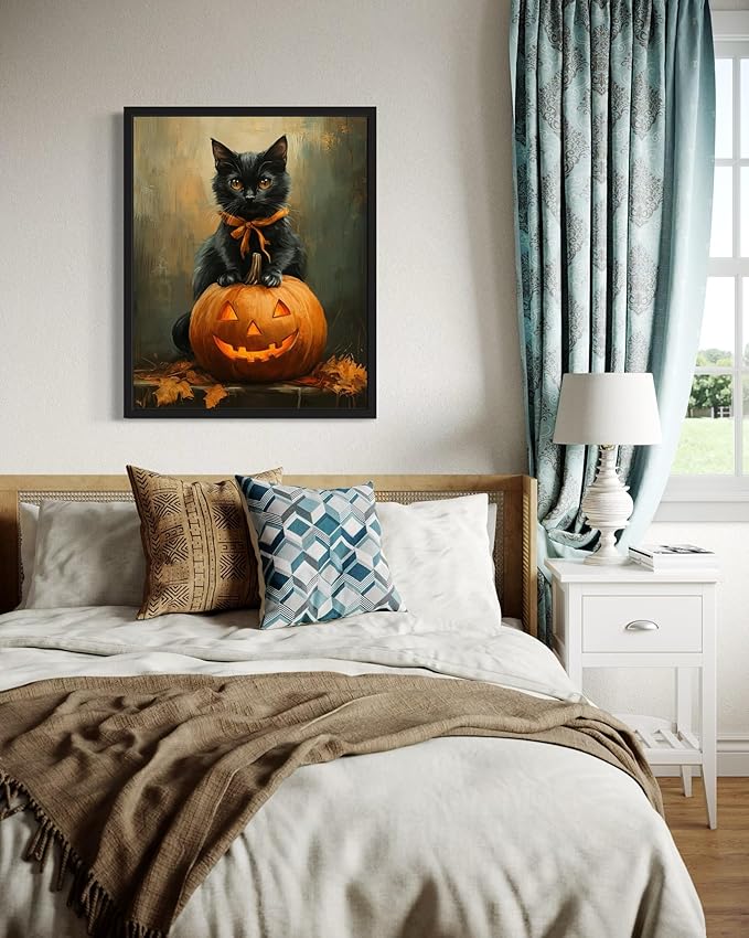 Halloween Cat Art Poster Print, Cat Kitten Painting Humor Portrait Pet Artwork Decor Gallery A8 (Halloween, 16 x 20 inches, Black Frame)